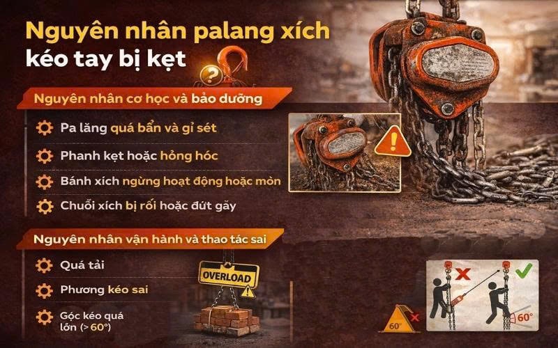 Nguyên nhân palang xích kéo tay bị kẹt khi sử dụng Nguyên nhân palang xích kéo tay bị kẹt khi sử dụng