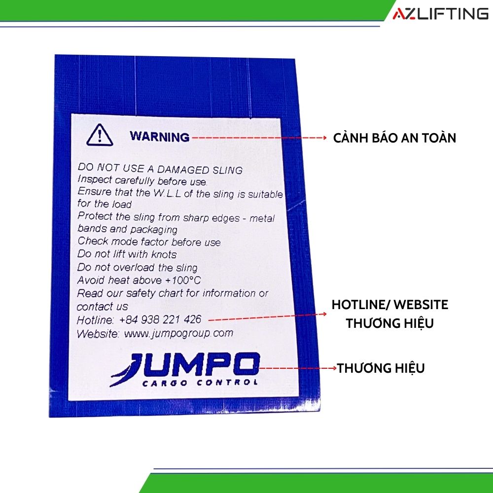 Tem cáp vải JUMPO ghi rõ thông số kỹ thuật cáp vải và cảnh báo sử dụng Tem cáp vải JUMPO ghi rõ thông số kỹ thuật cáp vải và cảnh báo sử dụng