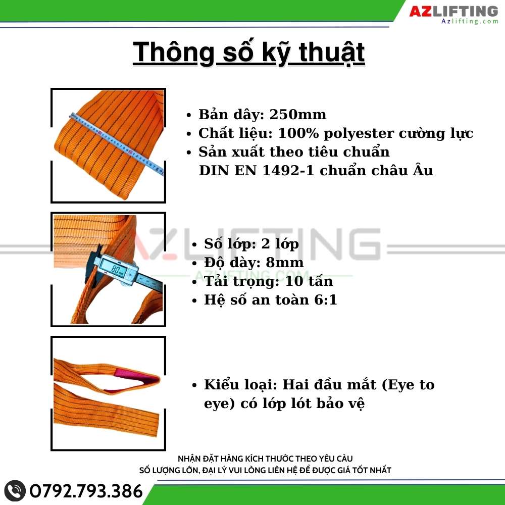 Thông số kỹ thuật Cáp vải cẩu hàng bản dẹt 10 tấn 2 đầu mắt 6:1 Thông số kỹ thuật Cáp vải cẩu hàng bản dẹt 10 tấn 2 đầu mắt 6:1