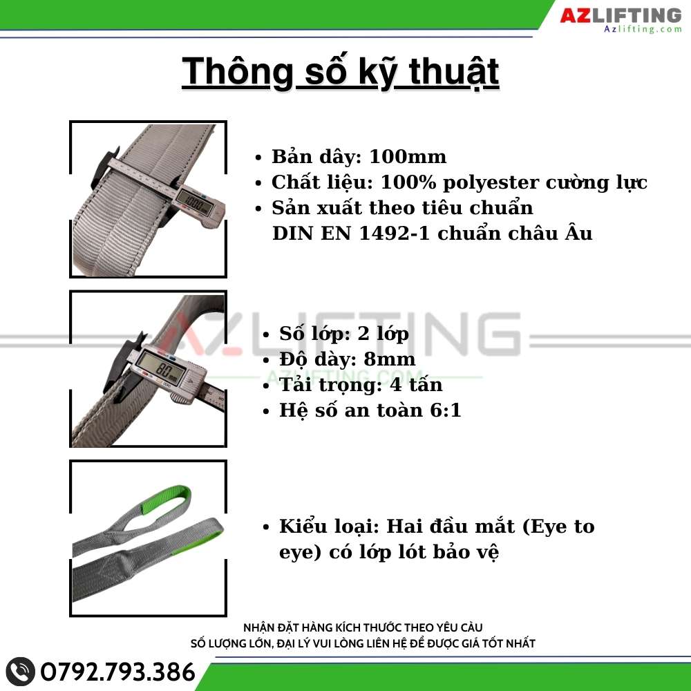 Thông số kỹ thuật Cáp vải cẩu hàng bản dẹt 4 tấn 2 đầu mắt 6:1 Thông số kỹ thuật Cáp vải cẩu hàng bản dẹt 4 tấn 2 đầu mắt 6:1
