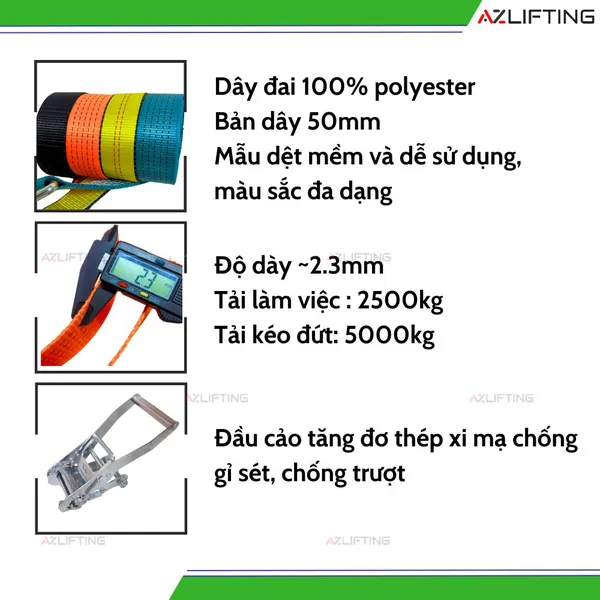 Dây chằng hàng tăng đơ bản 50mm 5 Tấn Móc J chuẩn Châu Âu
