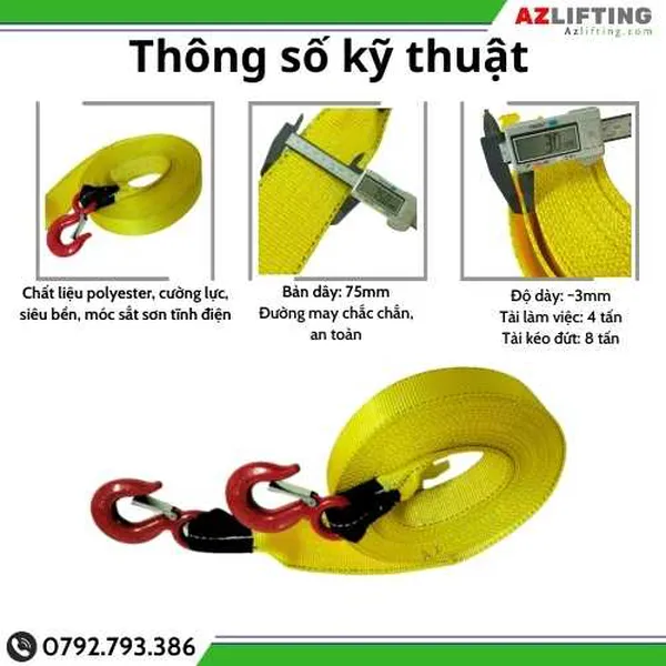 Cáp vải kéo cứu hộ ô tô 8 tấn - kéo hàng, pallet có 2 móc 2 đầu 