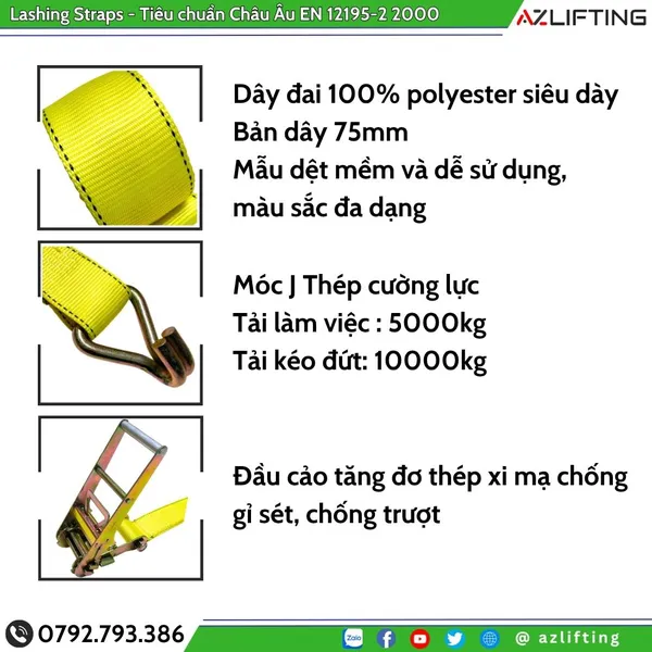 Dây chằng hàng tăng đơ bản 75mm (7.5cm) 10 Tấn Móc J