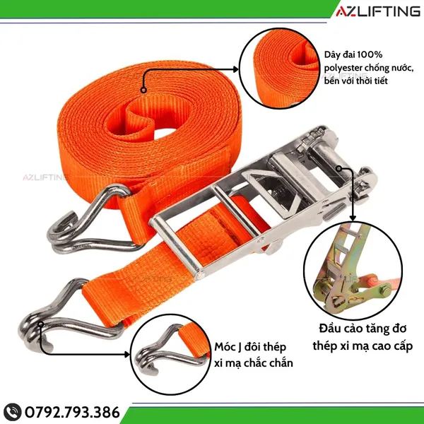 Dây chằng hàng tăng đơ bản 75mm 8 tấn móc J