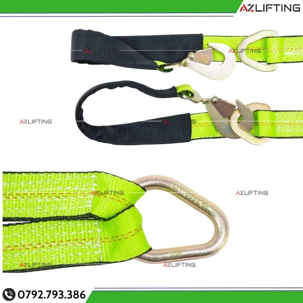 Sling cáp vải 2 chân kéo hàng pallet, kéo xe lầy, cứu hộ ô tô móc Snap Hook xoắn và D-ring