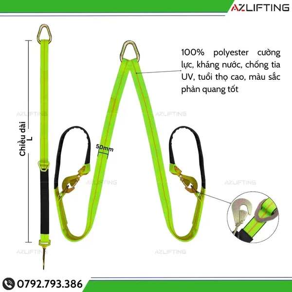 Sling cáp vải 2 chân kéo hàng pallet, kéo xe lầy, cứu hộ ô tô móc Snap Hook xoắn và D-ring