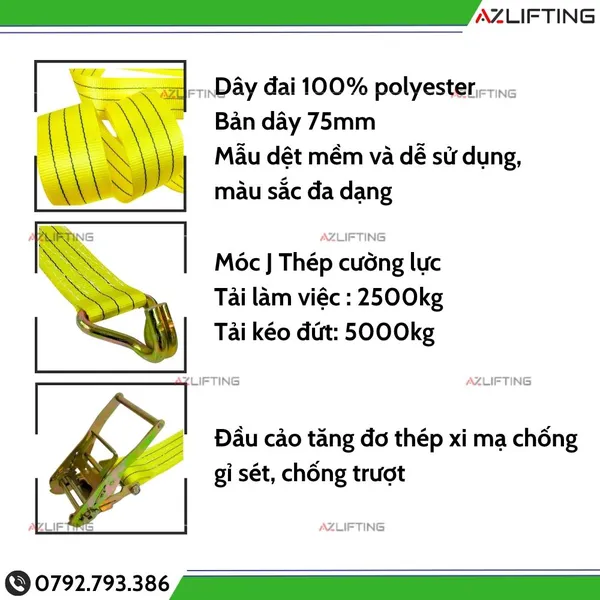 Dây chằng hàng tăng đơ bản 75mm 5 Tấn Móc J