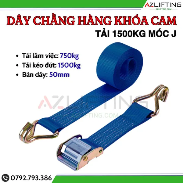 Dây chằng hàng khóa cam 1500kg bản 50mm móc J 