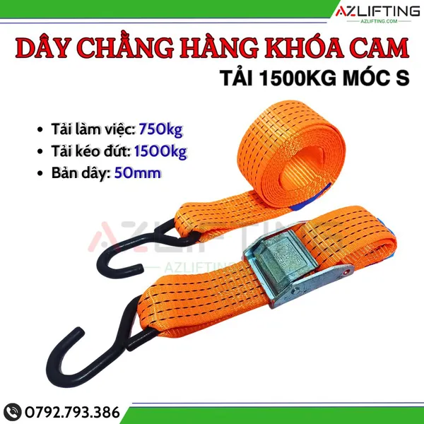 Dây chằng hàng khóa cam 1500kg bản 50mm móc S