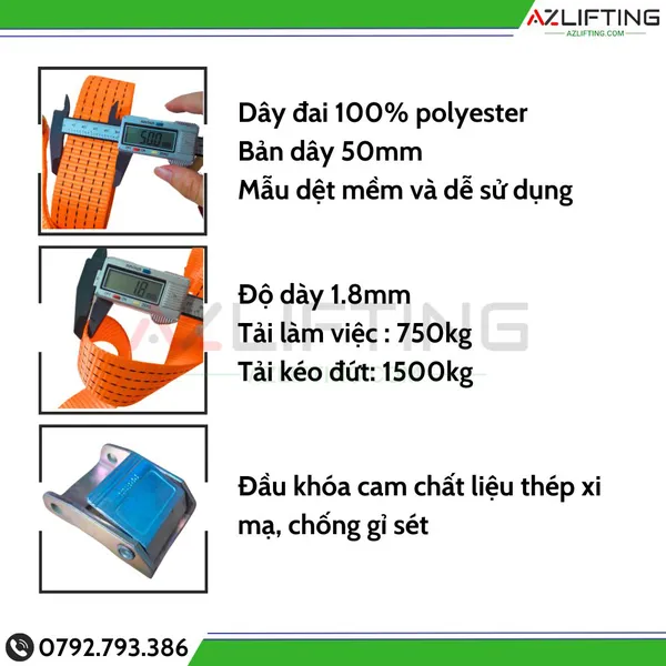 Dây chằng hàng khóa cam bản 50mm 1500kg không móc 