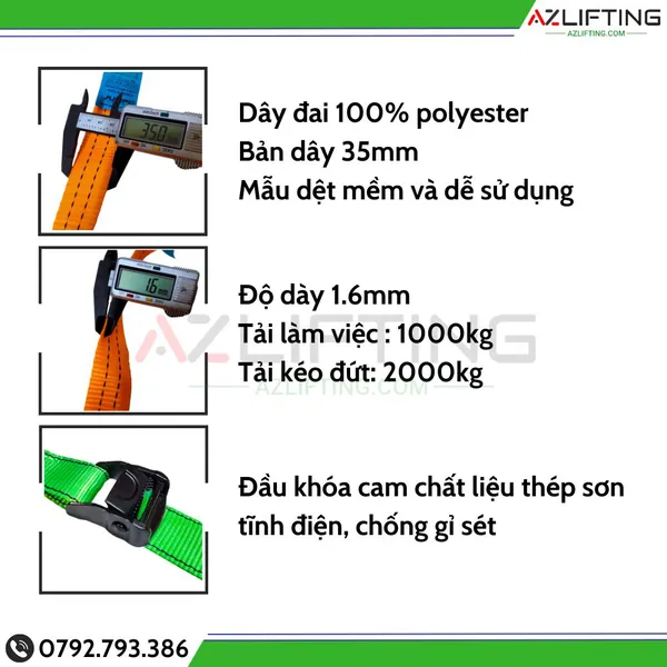 Dây chằng hàng khóa cam 700kg bản 35mm móc S
