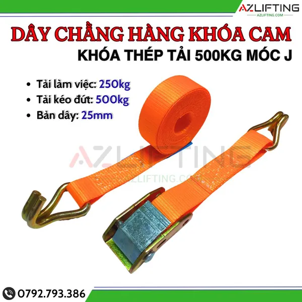 Dây chằng hàng khóa cam bản 25mm tải 500kg móc J - Đầu khóa thép