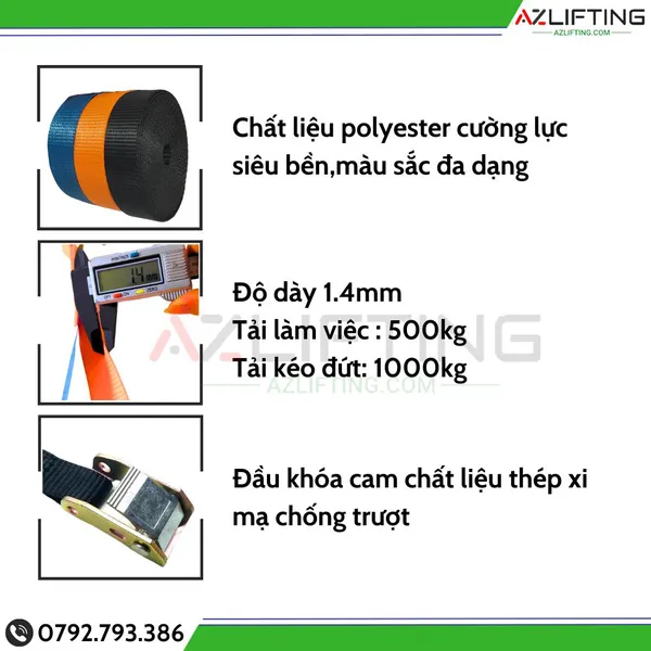 Dây chằng hàng khóa cam bản 25mm tải 500kg móc S - Đầu khóa thép