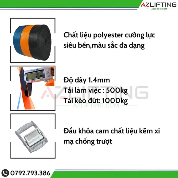 Dây chằng hàng khóa cam bản 25mm tải 250kg không móc