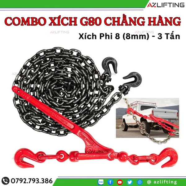 BỘ XÍCH G80 CHẲNG HÀNG PHI 8 + BÁI XÍCH GẬP – 3 TẤN (FULL PHỤ KIỆN)