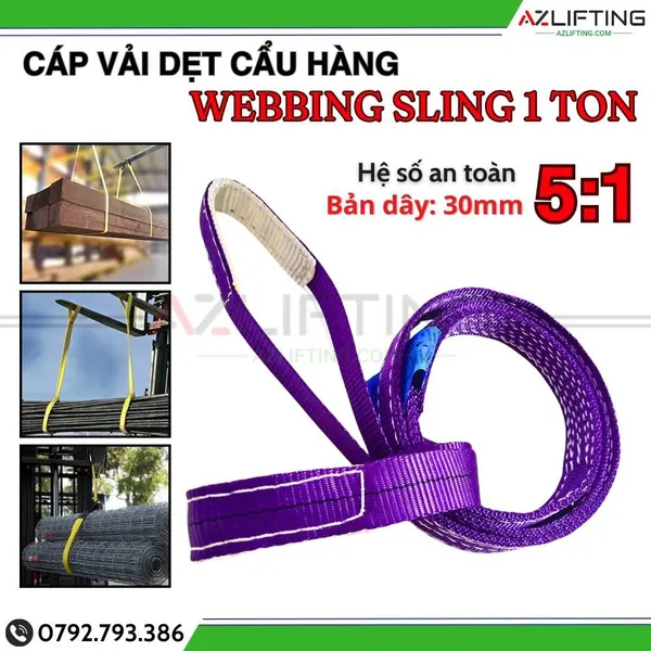 Cáp vải cẩu hàng bản dẹt 1 tấn 2 đầu mắt 5:1 - Webbing Sling