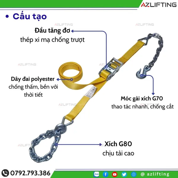 Dây Chằng Hàng Tăng Đơ Bản 50mm 5 Tấn Móc Gài Xích