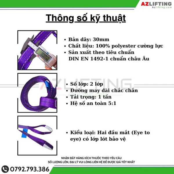 Cáp vải cẩu hàng bản dẹt 1 tấn 2 đầu mắt 5:1 - Webbing Sling