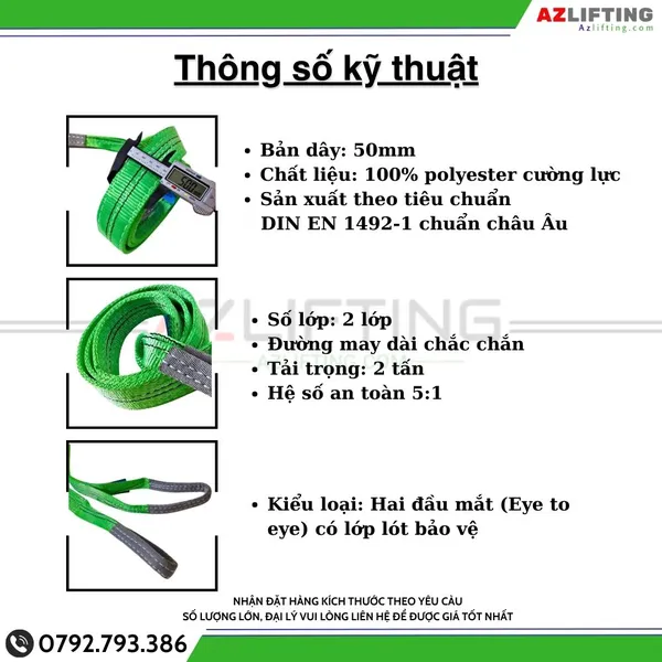 Cáp vải cẩu hàng bản dẹt 2 tấn 2 đầu mắt 5:1 - Webbing Sling
