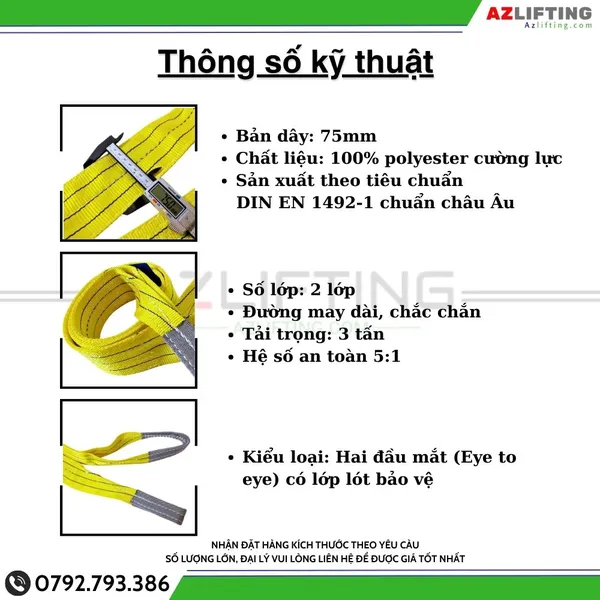 Cáp vải cẩu hàng bản dẹt 3 tấn 2 đầu mắt 5:1 - Webbing Sling