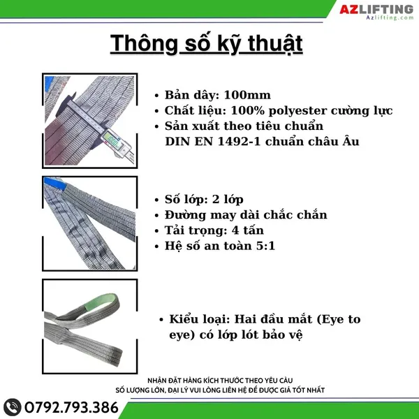 Cáp vải cẩu hàng bản dẹt 4 tấn 2 đầu mắt 5:1 - Webbing Sling