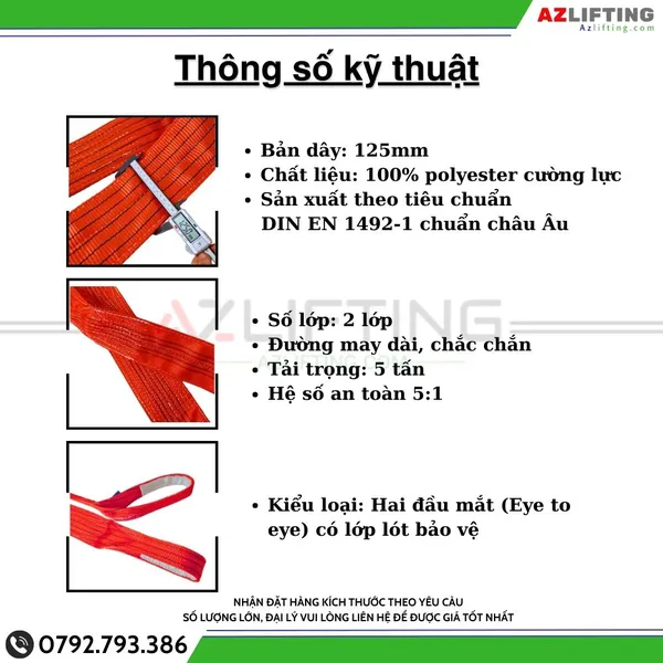 Cáp vải cẩu hàng bản dẹt 5 tấn 2 đầu mắt 5:1 - Webbing Sling