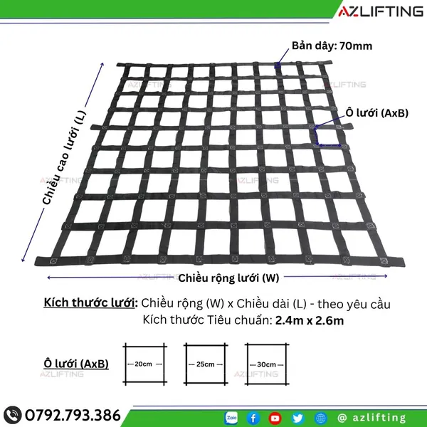 Lưới Chằng Hàng Thùng Container Xe Tải | 2.4mx2.6m Bản 70mm
