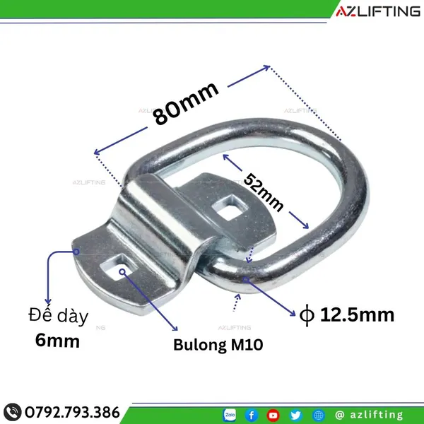 Móc Neo Chữ D 12mm Đế Bulong 2 Lỗ M10 Xe Tải Container
