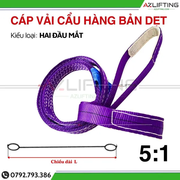 Cáp vải cẩu hàng bản dẹt 1 tấn 2 đầu mắt 5:1 - Webbing Sling