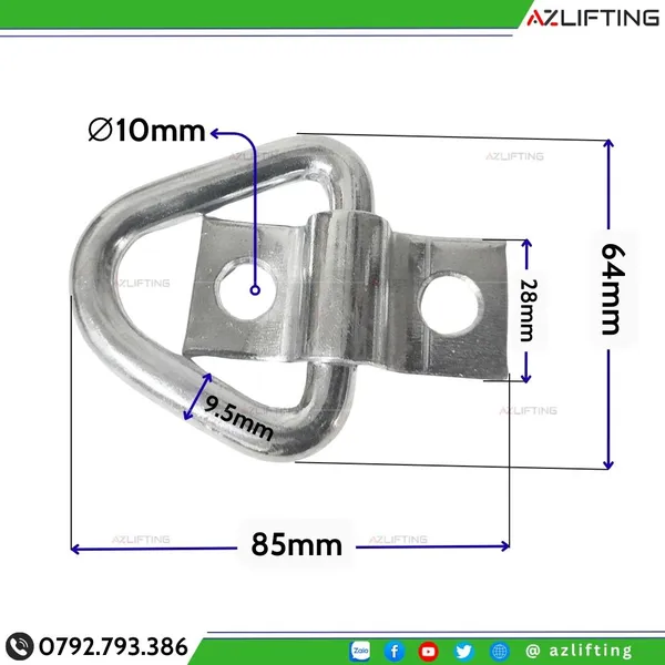 Móc Neo Chữ D 9.5mm Đế Bulong 2 Lỗ M10 Lắp Thùng Xe