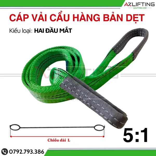 Cáp vải cẩu hàng bản dẹt 2 tấn 2 đầu mắt 5:1 - Webbing Sling