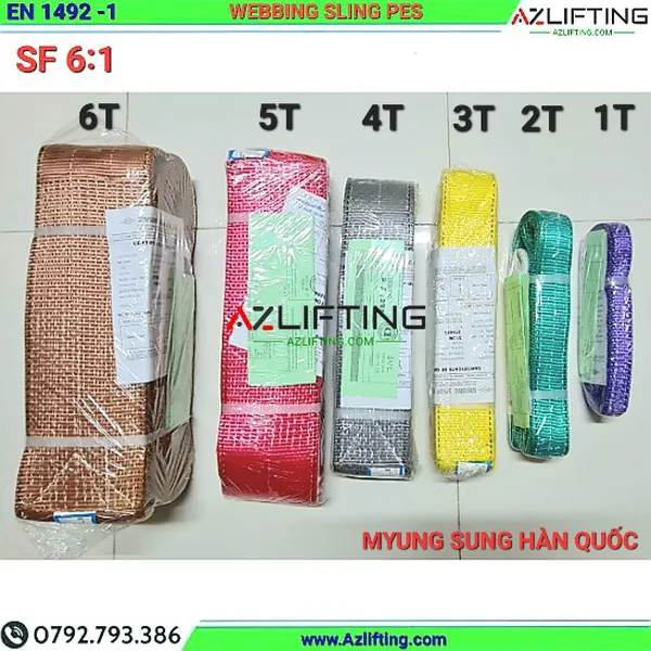 Dây cáp vải cẩu hàng bản dẹt Myung Sung Hàn Quốc 1-80 Tấn - CO/CQ