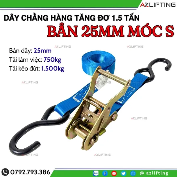 Dây Chằng Hàng Tăng Đơ Bản 25mm Tải 1500kg Móc S Bọc Nhựa Cao Cấp