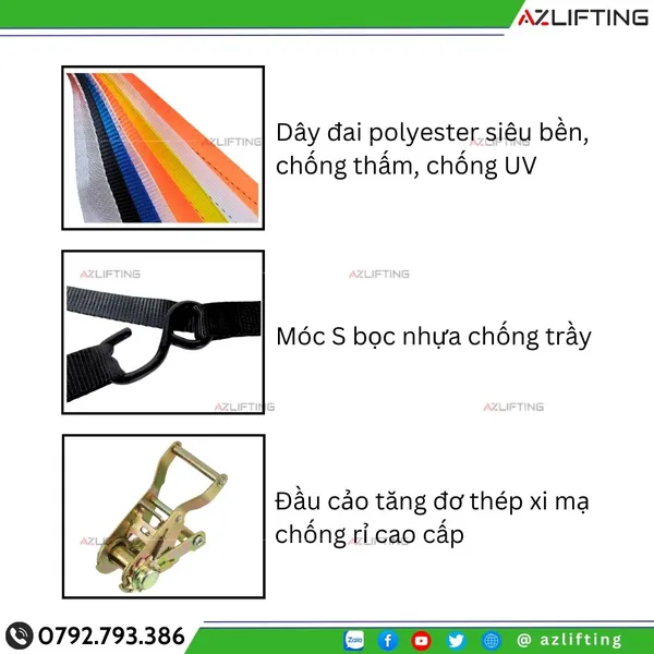 Dây Chằng Hàng Tăng Đơ Bản 25mm Tải 1500kg Móc S Bọc Nhựa Cao Cấp