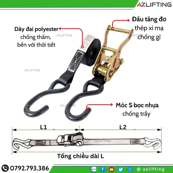 Dây Chằng Hàng Tăng Đơ Bản 25mm Tải 1500kg Móc S Bọc Nhựa Cao Cấp