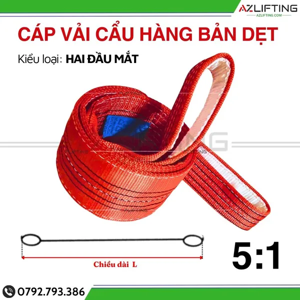 Cáp vải cẩu hàng bản dẹt 5 tấn 2 đầu mắt 5:1 - Webbing Sling