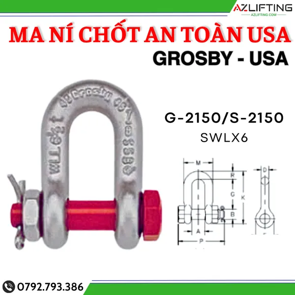  Ma ní chữ U chốt an toàn GROSBY USA - Ma ní GROSBY Mỹ 
