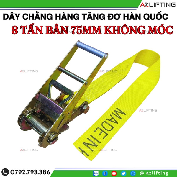 Dây Chằng Hàng Tăng Đơ Bản 75mm 8 Tấn Không Móc Hàn Quốc