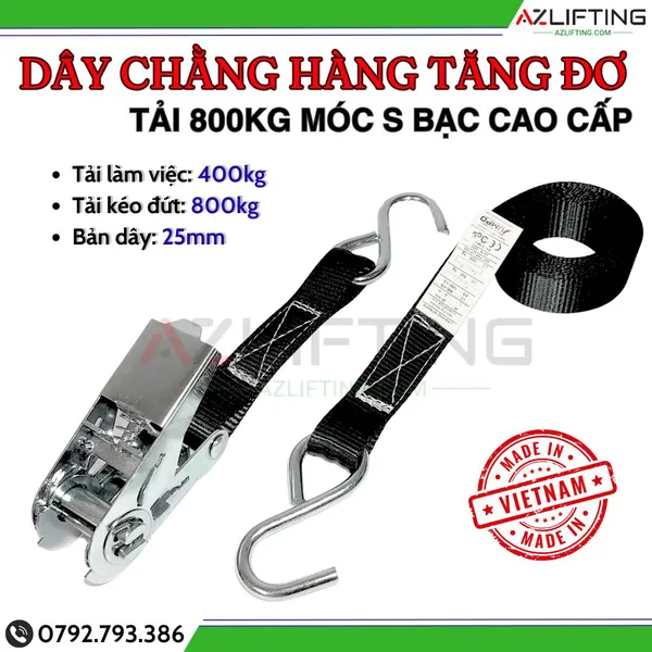 Dây chằng hàng xe máy bản 25mm tải 800kg móc S xi bạc, tải 800kg móc S xi bạc - Dây chằng hàng tăng đơ dành cho xe máy, xe tay ga, xe bán tải
