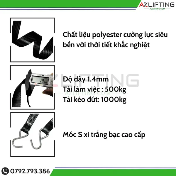 Dây chằng hàng xe máy bản 25mm tải 800kg móc S xi bạc, tải 800kg móc S xi bạc - Dây chằng hàng tăng đơ dành cho xe máy, xe tay ga, xe bán tải