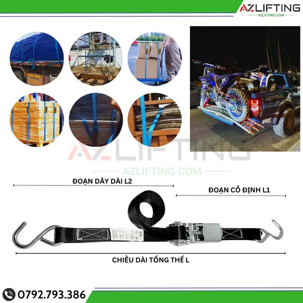 Dây chằng hàng xe máy bản 25mm tải 800kg móc S xi bạc, tải 800kg móc S xi bạc - Dây chằng hàng tăng đơ dành cho xe máy, xe tay ga, xe bán tải