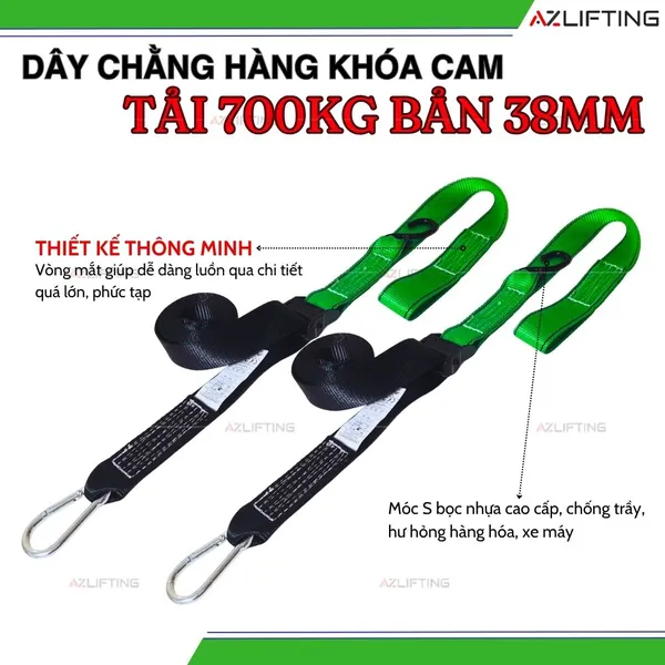 Dây Chằng Hàng Khóa Cam 700kg Bản 35mm Móc S & Vòng mắt