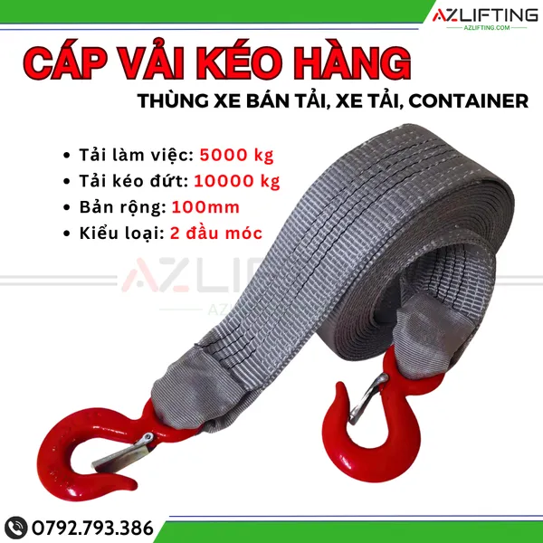 Cáp vải kéo cứu hộ ô tô 10 tấn - kéo hàng pallet có 2 móc 2 đầu 