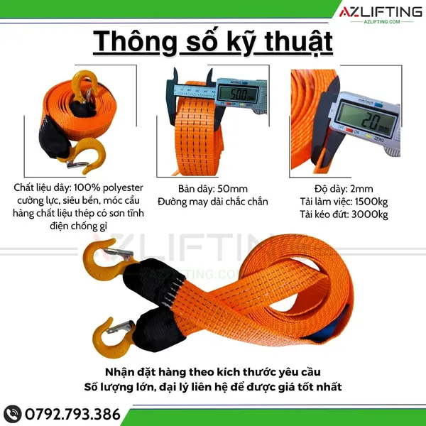 Cáp vải kéo cứu hộ ô tô 3 tấn 4 -20 mét - kéo hàng có 2 móc 2 đầu - Freeship toàn quốc