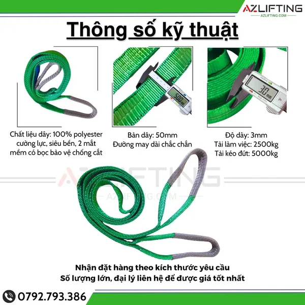 Cáp kéo hàng hai vòng mắt - Dây cáp kéo hàng 5 tấn bản 50mm