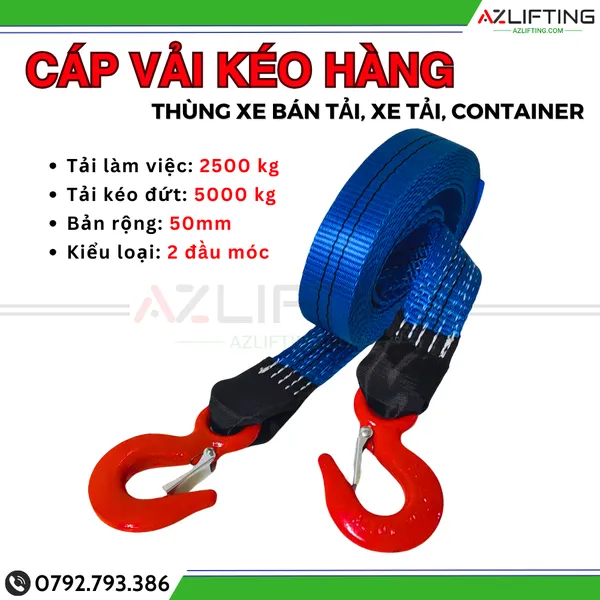 Cáp vải kéo cứu hộ ô tô 5 tấn 5 -12 mét - kéo hàng, kéo pallet thùng xe tải, container có 2 móc 2 đầu      