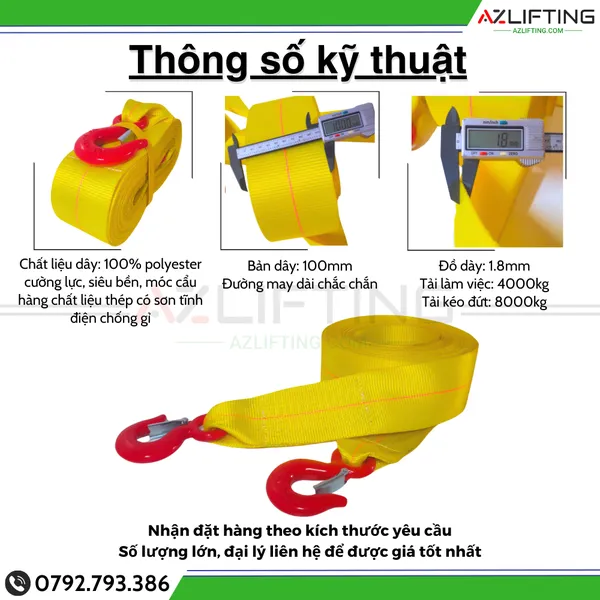 Cáp vải kéo cứu hộ ô tô 8 tấn - kéo hàng có 2 móc 2 đầu  bản 100mm