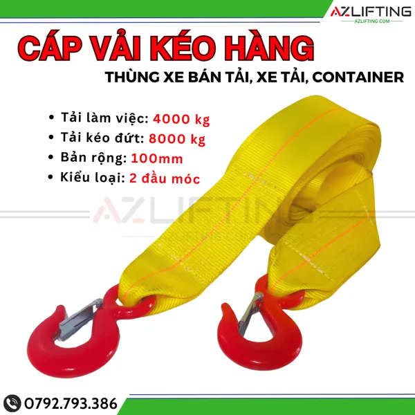 Cáp vải kéo cứu hộ ô tô 8 tấn - kéo hàng có 2 móc 2 đầu  bản 100mm