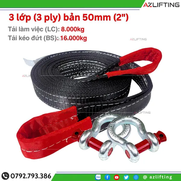 Cáp vải kéo cứu hộ ô tô 16 tấn bản 50mm may 3 lớp 