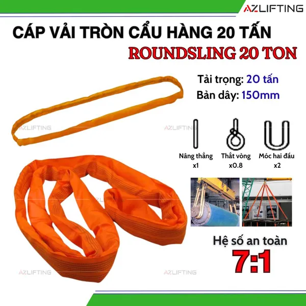 Cáp vải cẩu hàng bản tròn 20 tấn may vòng tròn (Endless) hệ số 7:1
